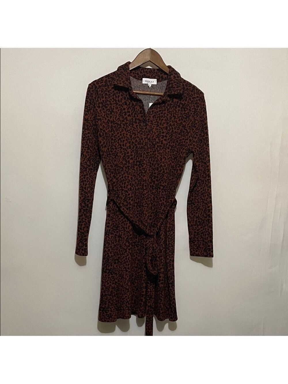 Gilli Brown Leopard Long Sleeve Shirt Dress Sz Medium